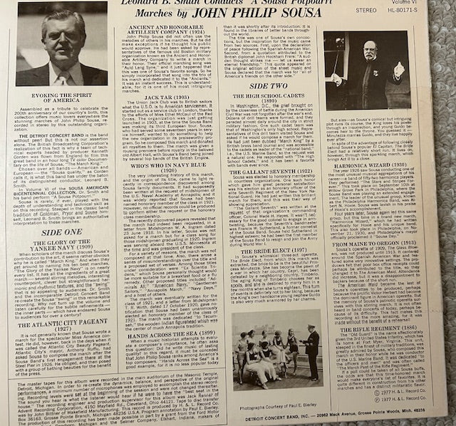 Sousa American Bicentennial Collection: A Sousa Potpourri, Volume VI (LP, Detroit Concert Band, HL-80171-S Stereo, 1977)
